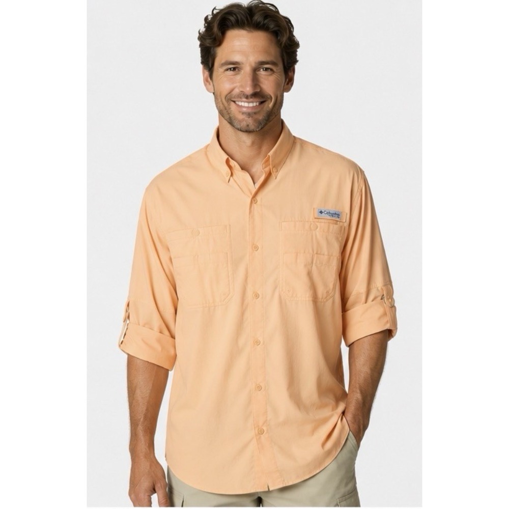 Columbia PFG Button Front Long Sleeve Shirt Fishing Vented Orange Mens XL